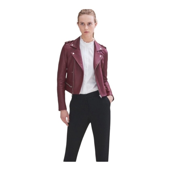 Maje Lamb Leather Bordeaux Basilta Moto Jacket NWOT in Burgundy - Picture 2 of 15